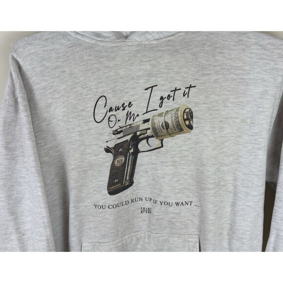 Men’s Point Blank / Money / Gun Graphic Hoodie / Sweatshirt/Grey / Size Medium - Picture 6 of 6